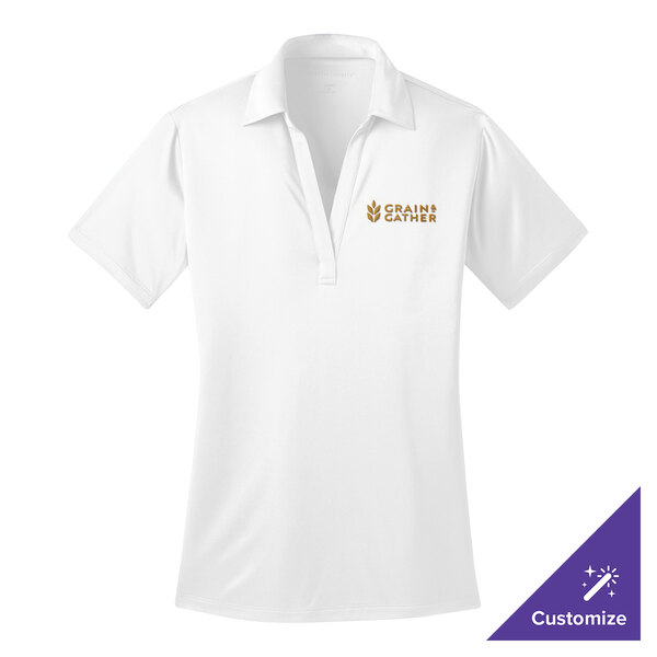 A white Port Authority women's polo shirt with a gold embroidered logo.