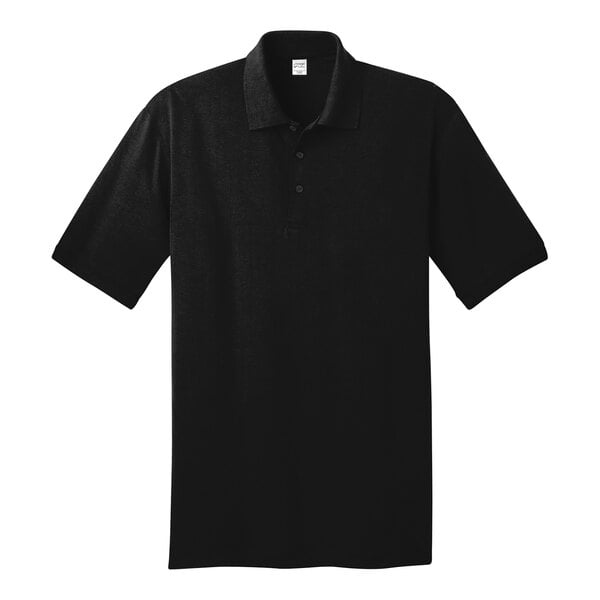 A Port & Company jet black short sleeve jersey knit polo shirt.