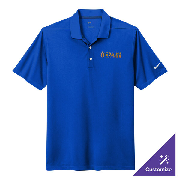 A Nike Dri-FIT polo shirt in royal blue with a white Swoosh on the sleeve.