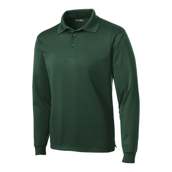 A forest green Sport-Tek long sleeve polo shirt.