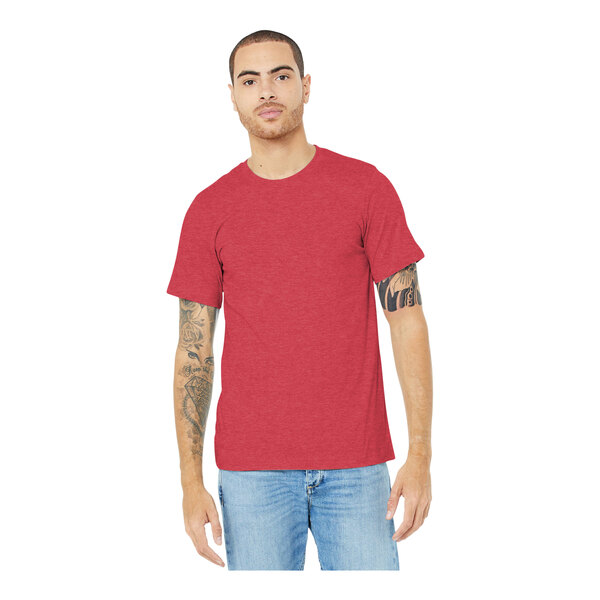 A man wearing a heather red Bella + Canvas t-shirt.