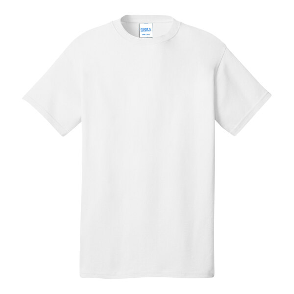 A white Port & Company short sleeve T-shirt with a blue label.