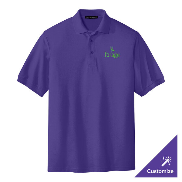 A purple Port Authority polo shirt with a green logo.