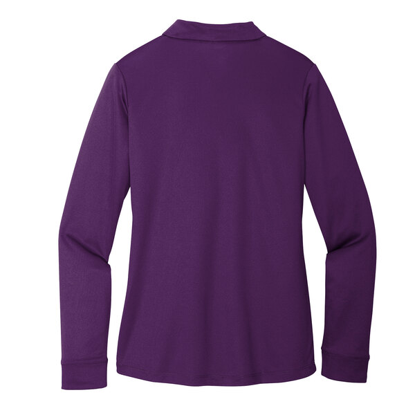 A Port Authority women's long sleeve purple polo shirt.