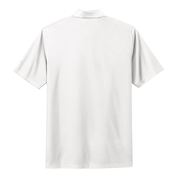 A back view of a white Nike polo shirt with a collar.