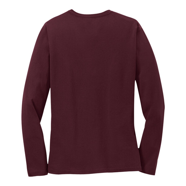 A maroon Port & Company long sleeve t-shirt for ladies.