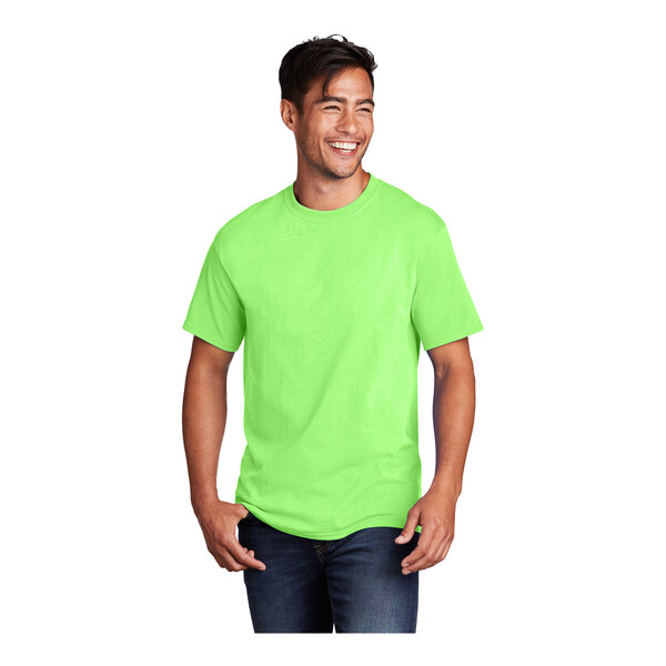 A man wearing a neon green Port & Company T-shirt.