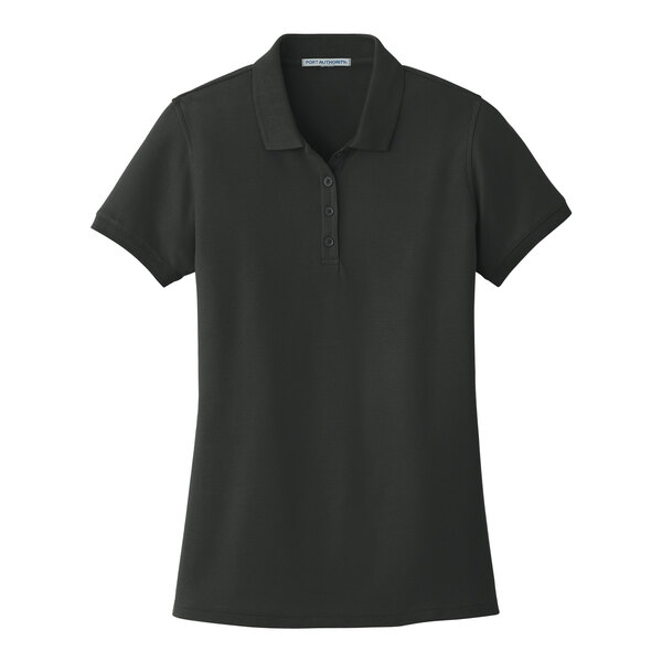 A Port Authority women's black short sleeve polo shirt.