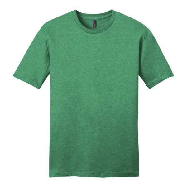 A District unisex heathered kelly green short sleeve t-shirt with a black collar.