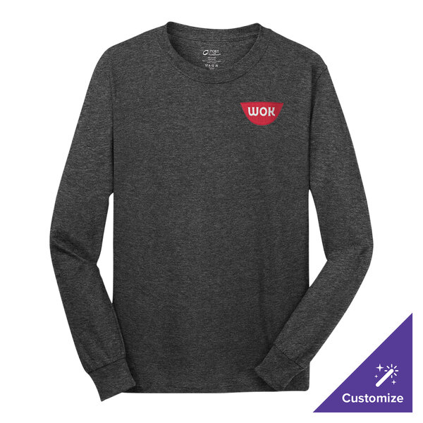 A dark heather grey Port & Company long sleeve t-shirt with a red and white logo.