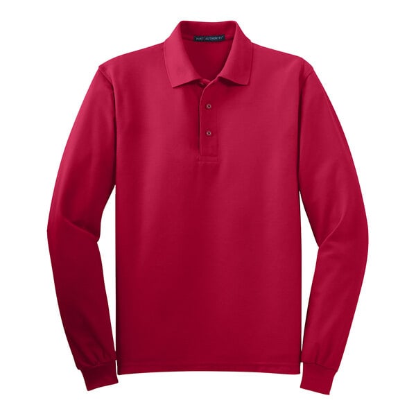 A red Port Authority® long sleeve polo shirt.