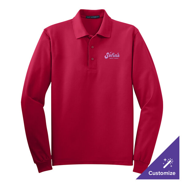 A large red Port Authority long sleeve polo shirt with a logo.