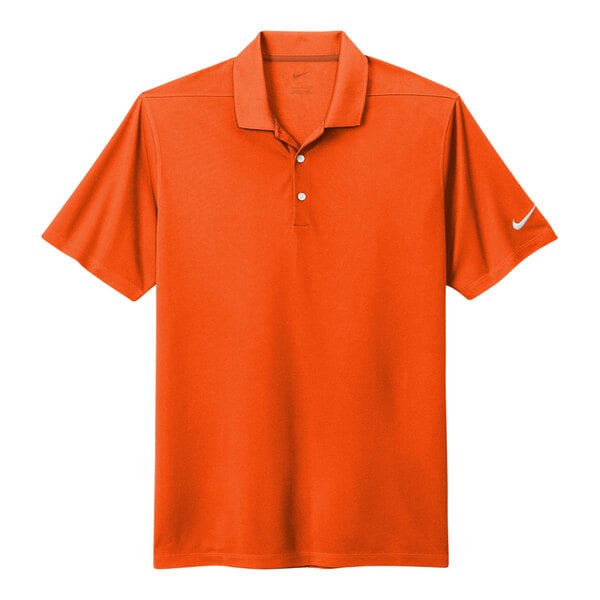 A brilliant orange Nike polo shirt with a white Nike logo on the sleeve.