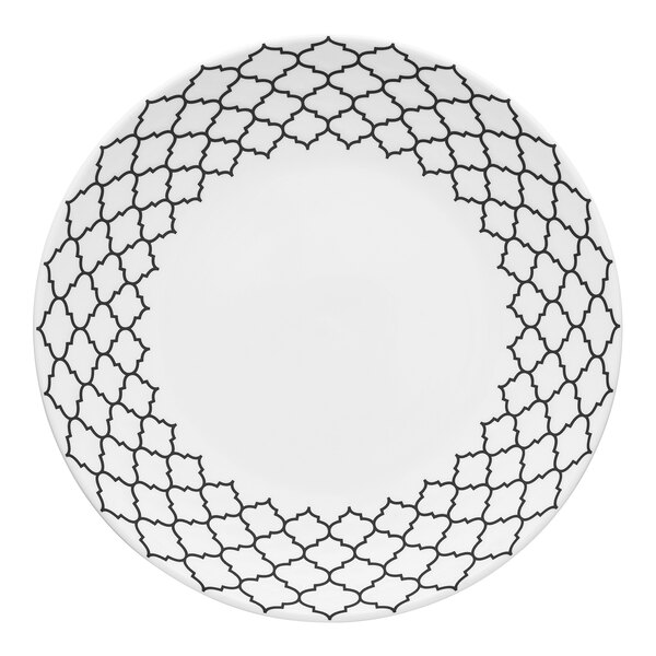 A white Libbey Samira porcelain plate with black and white designs.