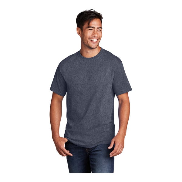 A man smiling and wearing a Port & Company heather navy short sleeve t-shirt.