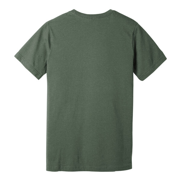 The back of a Bella + Canvas heather military green short sleeve t-shirt with a white logo.