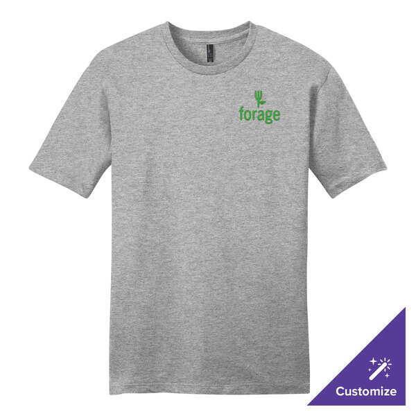 A light heather gray District short sleeve t-shirt with a green logo that says "Forge" 
