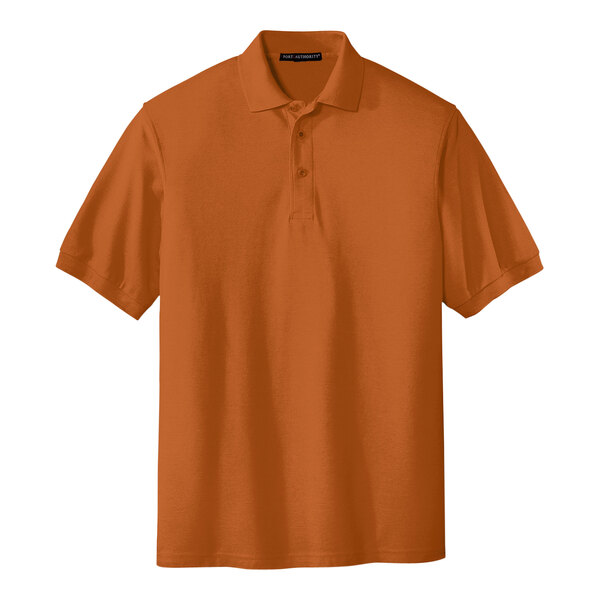 A close-up of a Texas Orange Port Authority polo shirt.