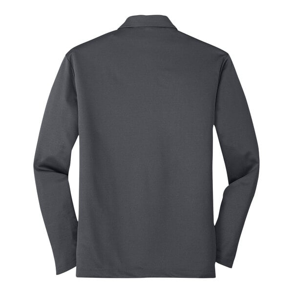 The back of a steel gray Port Authority long sleeve polo shirt.