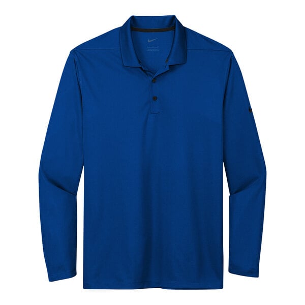 A Nike dri-fit blue short sleeve polo shirt.