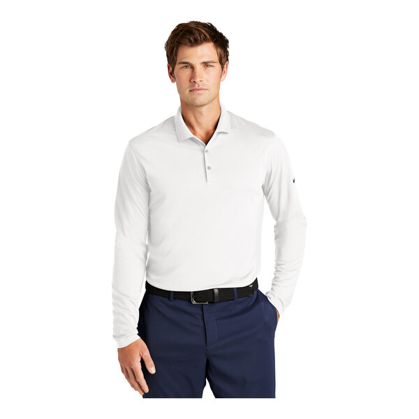 A man in a white Nike polo shirt.
