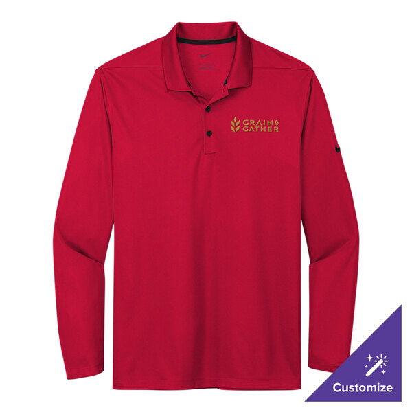 A red Nike long sleeve polo shirt with gold embroidery.