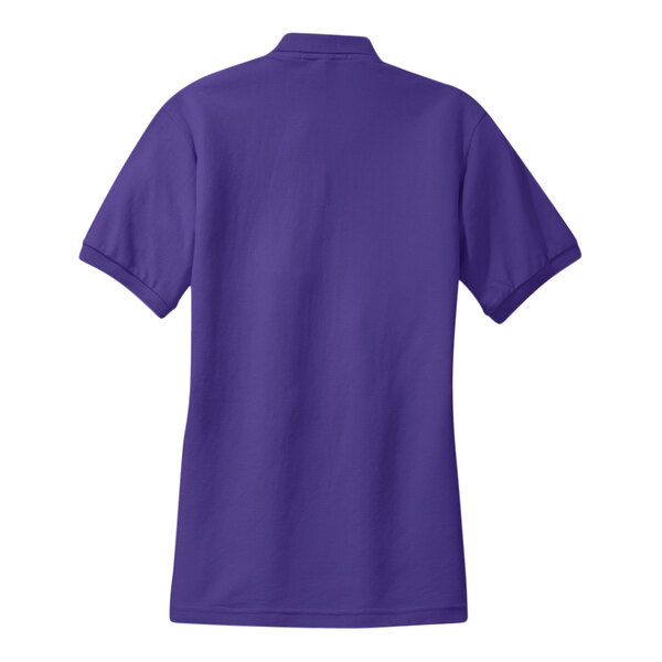 A Port Authority purple poly/cotton blend polo shirt for women.