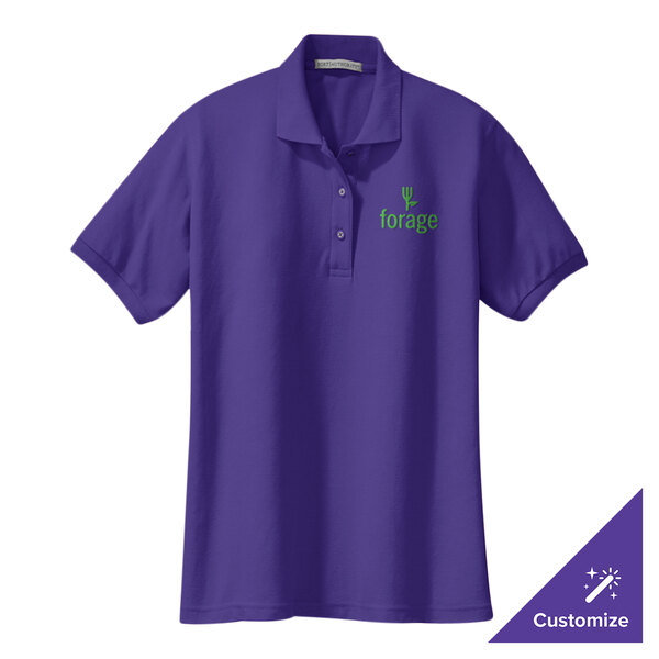 A purple Port Authority polo shirt with a green logo.