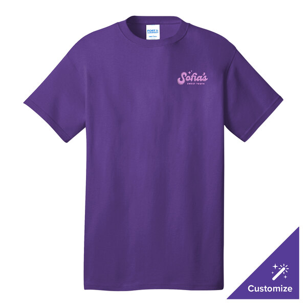 A purple Port & Company short sleeve t-shirt with a customizable white logo.