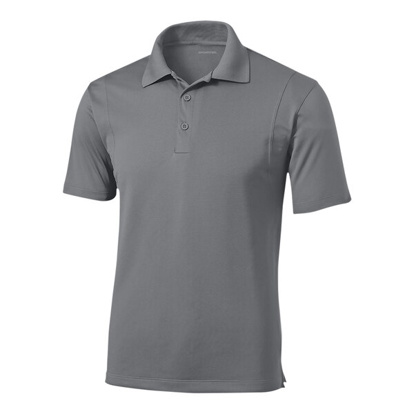 A grey Sport-Tek moisture-wicking polo shirt with a collar.