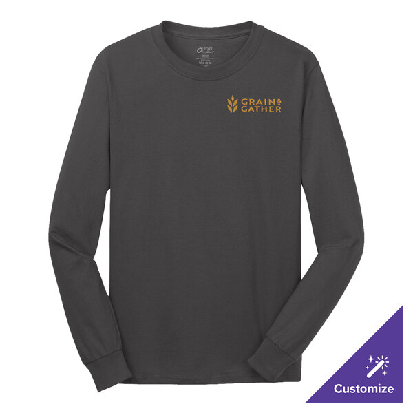 A charcoal long sleeve Port & Company t-shirt with a gold logo.