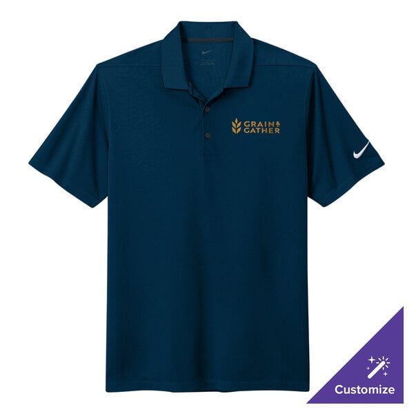 A navy Nike Dri-FIT polo shirt with a white swoosh on it.