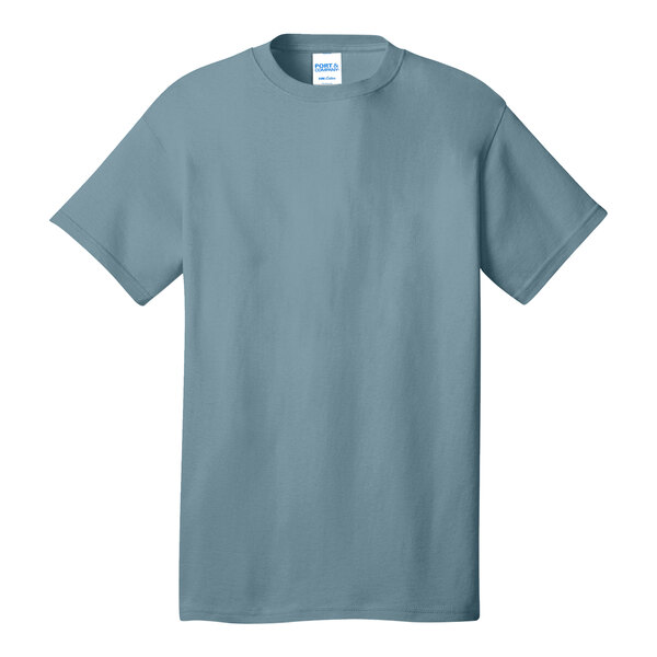 A medium stonewashed blue Port & Company T-shirt on a white background.