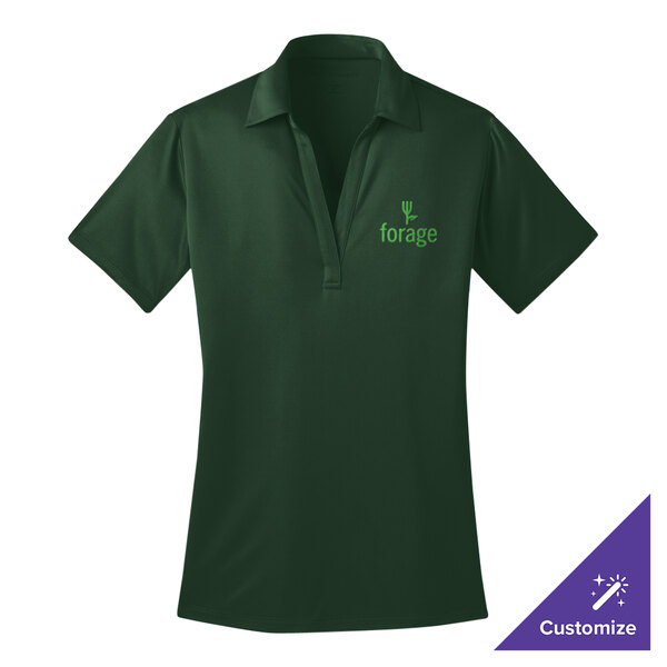 A Port Authority women's dark green polo shirt with a logo on it.