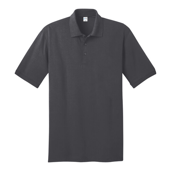 A Port & Company charcoal short sleeve jersey knit polo shirt.