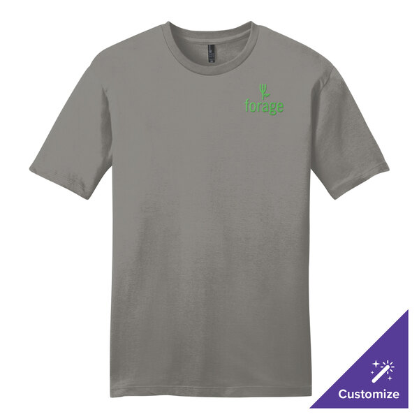 A gray District short sleeve t-shirt with a green logo.