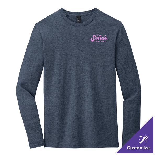 A customizable heathered navy long sleeve T-shirt with the word "Nikki" on it.