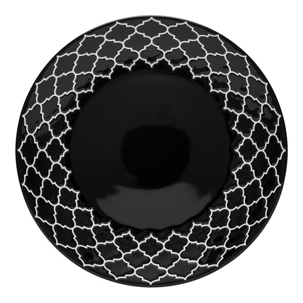 A black porcelain plate with a white geometric design.