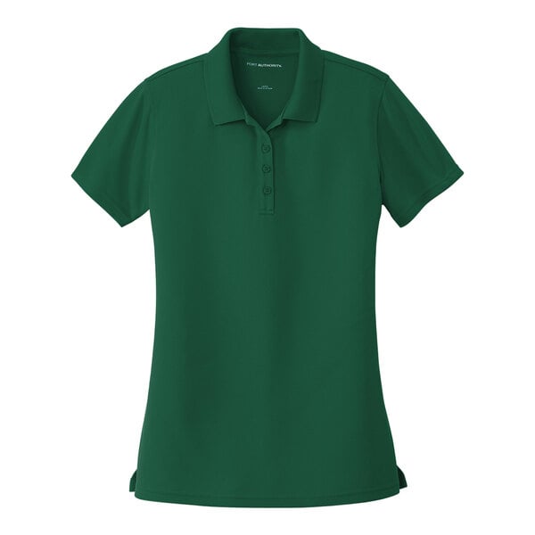 A Port Authority women's deep forest green short sleeve polo shirt.