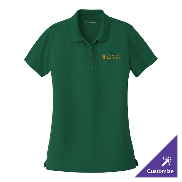 A Port Authority women's deep forest green polo shirt with a logo on the front.