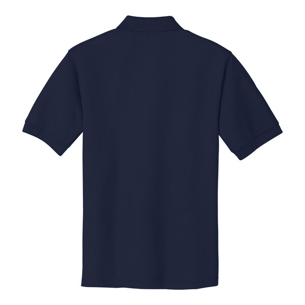 The back of a Port Authority navy silk touch polo shirt.