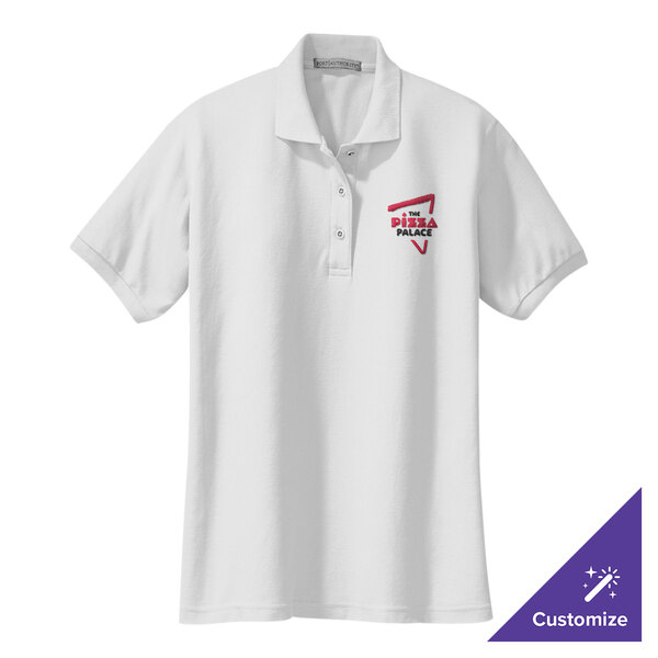 A white Port Authority women's polo shirt with a logo on it.
