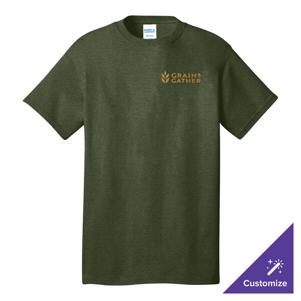 An olive drab green Port & Company short sleeve t-shirt with a logo on it.