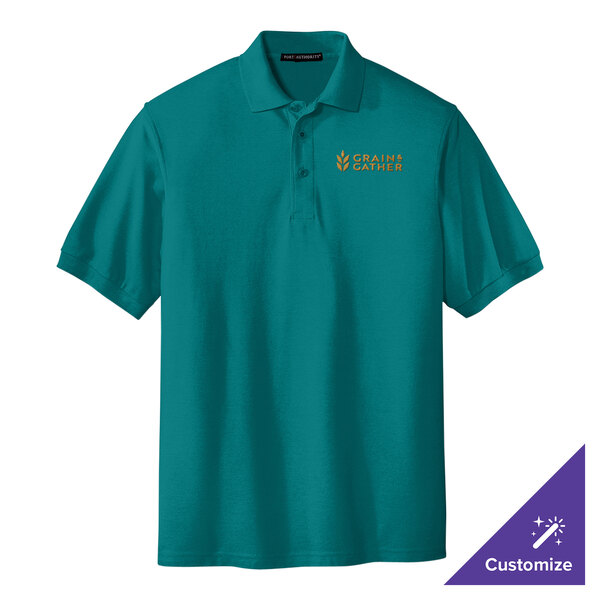 A medium teal Port Authority polo shirt with a logo on it.