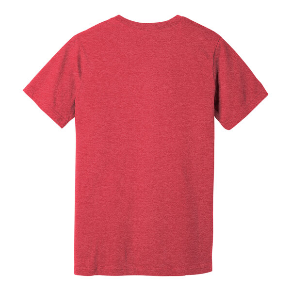 A heather red Bella + Canvas customizable short sleeve T-shirt with a small logo on the front.