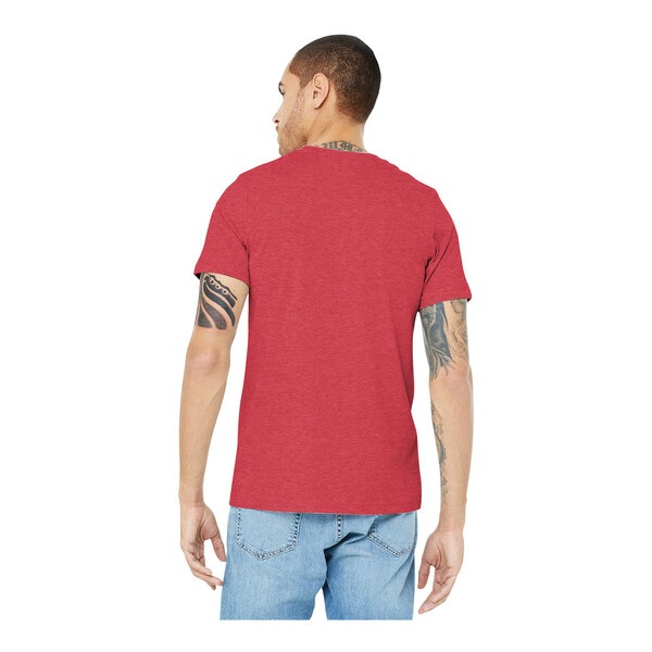 A man wearing a heather red Bella + Canvas t-shirt.