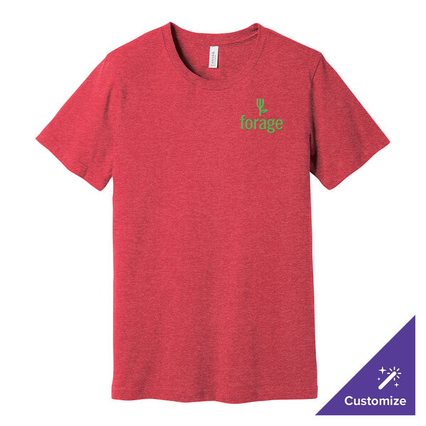 A heather red Bella Canvas t-shirt with a green logo on it.