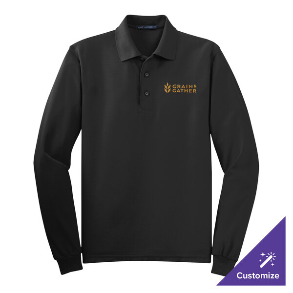 A black Port Authority long sleeve polo shirt with gold embroidery.