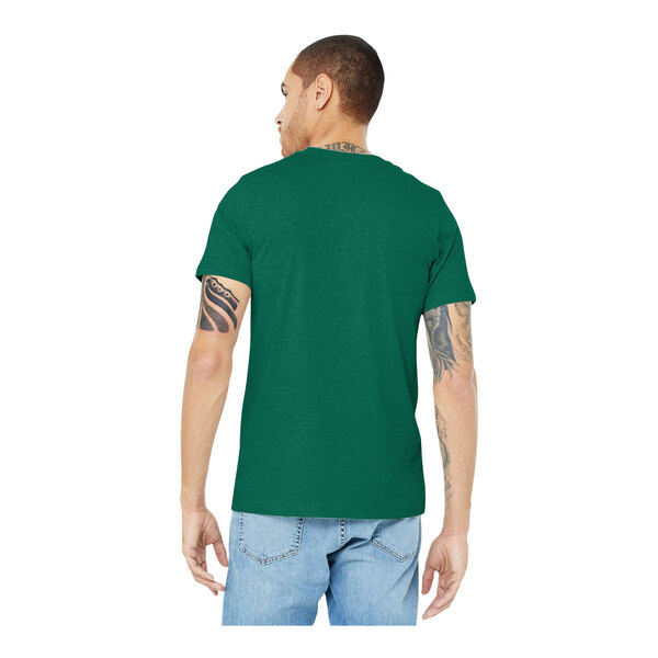 A man wearing a Bella + Canvas heather grass green customizable short sleeve t-shirt.