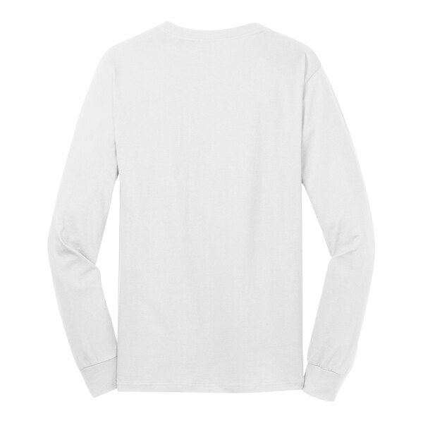 A close up of the back of a white Port & Company long sleeve t-shirt.